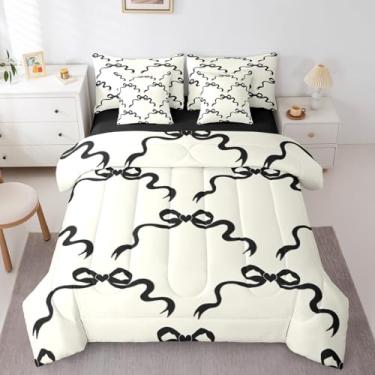 Imagem de Erosebridal Conjunto de edredom completo com laço geométrico de 7 peças, para crianças, meninos, meninas, preto e branco, conjunto de cama com laço e laço aquarela, decoração de quarto