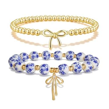 Imagem de Pulseira feminina banhada a ouro com contas vintage com flores não bronzeadas feitas à mão com contas elásticas delicadas empilháveis joias românticas presentes de amizade, Large, Sem Pedra Preciosa