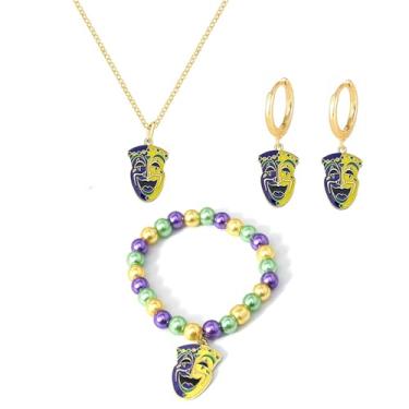 Imagem de QLUYCKW Mardi Gras Colar Brinco Pulseira Conjunto para Mulheres Carnaval Coroa Máscara Chapéu Pingente Colar Roxo Verde Ouro Contas Pulseiras Elásticas Carnaval Feriado Charme Acessório Joias, Medium