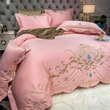 Imagem de Conjunto de cama Style com capa de edredom dupla em cetim bordado, lençóis e fronhas em puro algodão, rosa, lençol de baixo com elástico para cama de 1,80 m.