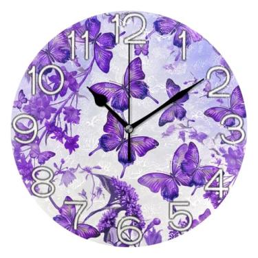 Imagem de GAIGEO Relógio de parede analógico decorativo para sala de aula relógio de escritório funky alimentado por bateria, decoração de parede vintage borboletas flores roxas florais, 25 cm, ponteiros pretos