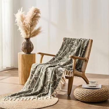 Imagem de DOWN HOME Cobertor de algodão de chenille para sofá, cobertor boho leve para cama, sofá, cadeira, sala de estar, ao ar livre, cobertor decorativo de tecido macio com borla, presente, folhas de