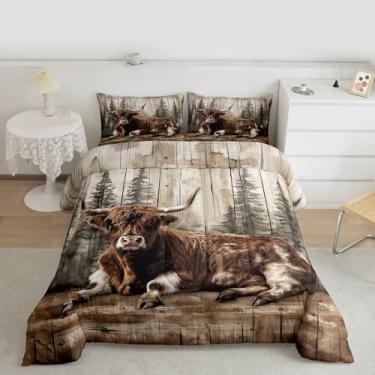 Imagem de Erosebridal Jogo de cama solteiro rústico de vaca Highland com animais de fazenda, floresta do oeste, para adolescentes, fazenda, vida selvagem, decoração de quarto