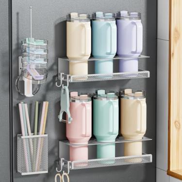 Imagem de VITVITI Pacote com 4 suportes magnéticos para geladeira, suporte de copo de metal de 1,134 g para copo Stanley, organizador magnético de garrafa de água com tampa, conjunto de suporte de canudo