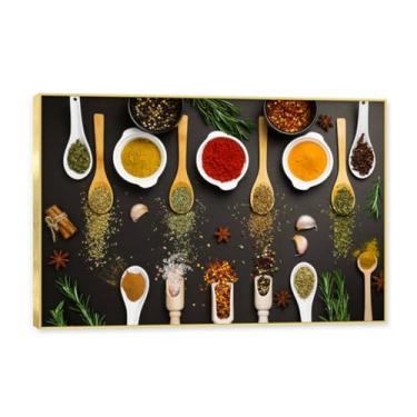 Imagem de Moldura dourada. Arte de parede em tela de especiarias coloridas e colher de tempero | Decoração de cozinha vintage | Arte moderna para casa e sala de jantar. C29. 30 x 45 cm-11,8 x 17,7 pol