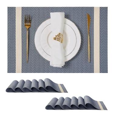Imagem de Leetaltree Jogo americano listrado metálico, conjunto de 12 tapetes de PVC com fios dourados, tapetes de mesa laváveis à prova d'água para balcão de cozinha, jogo americano sem rugas (azul escuro e