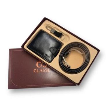 Imagem de Kit Classe Couro Carteira Cinto Chaveiro Social Botão 173-1 Marrom Café-Masculino