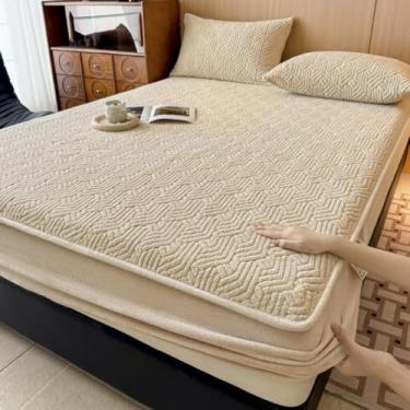 Imagem de Lençol com elástico, capa de colchão respirável, ultramacio, antiestático, protetor de colchão de 360°, durável, roupa de cama de luxo, estação, café raso de qualidade de hotel |||Almofada quadrada de