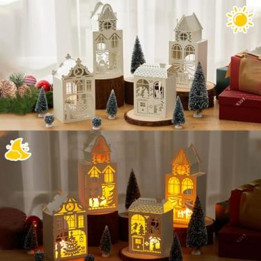 Imagem de Geetery Conjunto de 17 casas de aldeia brancas de Natal iluminadas, edifícios de aldeia de Natal de metal com árvores de Natal decorativas, controle remoto, velas de LED, decoração de casa branca