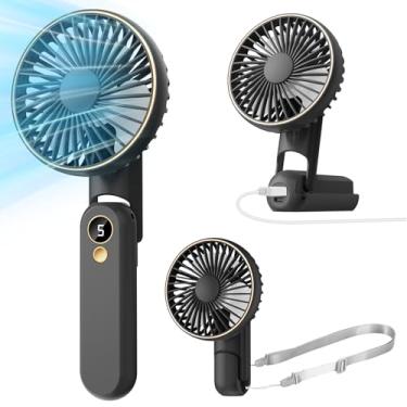 Imagem de Dhenrio Ventilador portátil portátil, ventilador pessoal dobrável de 180° como carregador portátil, mini ventilador de mão recarregável por USB para viagem/verão/exterior/escritório, 5 velocidades