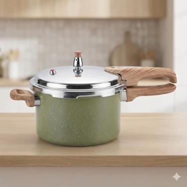 Imagem de Panela de Pressão 4,2 Litros com Revestimento Antiaderente, Alças de plástico Tampa de Aço Inoxidável, Compatível com Indução, Gás e Elétrico. Max Chef Wood