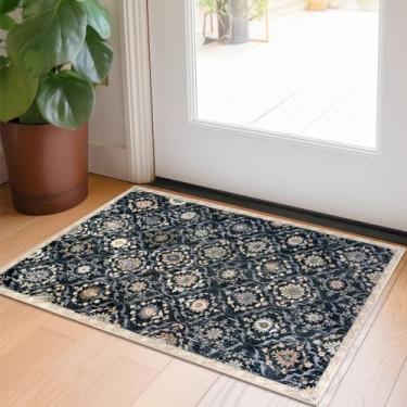 Imagem de KILOCOCO Tapete de área pequeno marroquino 2 x 3, tapete de entrada antiderrapante lavável tapete de porta interior vintage, tapete floral com destaque oriental para lavanderia cozinha quarto entrada