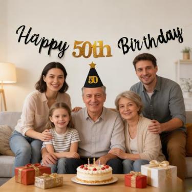 Imagem de Faixa de papel brilhante feliz aniversário de 50 anos e chapéu de feltro preto de 50º aniversário - pré-amarrado sem decorações DIY, glitter dourado dupla face para festa de 50 anos de adulto