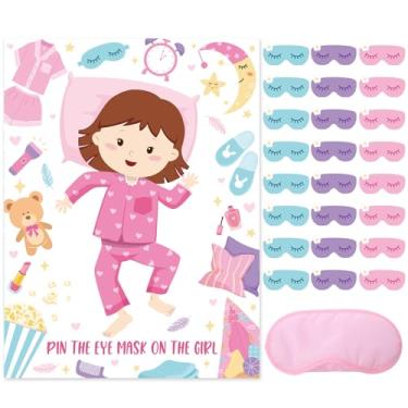Imagem de Faccito Sleepover Jogos de festa do pijama Pin the Eye Mask Jogos Sleepover Conjunto de pijama pôster decoração com 24 adesivos 1 venda para dormir durante o sono, atividades de festa de aniversário