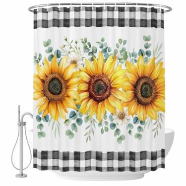 Imagem de Cortina de chuveiro de girassol folhas de eucalipto conjunto de cortinas de chuveiro xadrez preto búfalo tecido impermeável cortina de banho para banheiro decoração de banheira acessórios de casa 182
