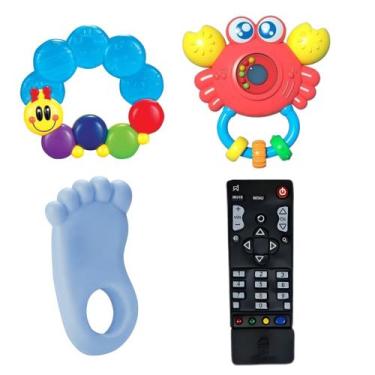 Imagem de Kit Chocalho Siri Com Som E Luz E Três Mordedores Lagartinha,Pé ou Mão