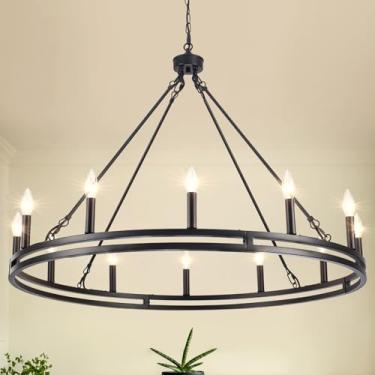 Imagem de HLJYNJM Lustre Preto De 38 Polegadas Com Roda De Carroça, Lustre Moderno De Fazenda Com 12 Lâmpadas Para Sala De Jantar, Luminária Pendente Industrial Redonda Para Sala De Estar, Quarto, Hall De En