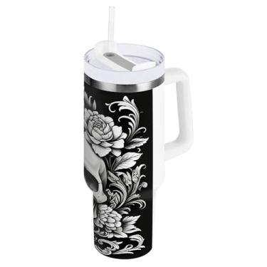 Imagem de SEHANY Copo Skull Gothic de 1,134 g com alça, copo isolado de aço inoxidável de parede dupla, à prova de vazamento, caneca de café isolada para viagem, cabe no suporte de copo de carro