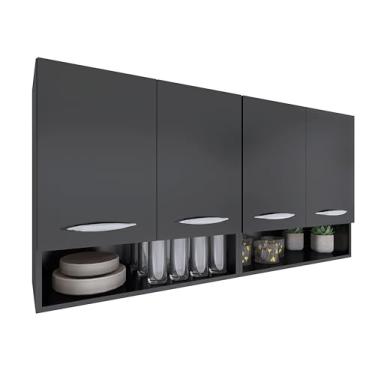 Imagem de Armário Modular de Parede para Cozinha, Branco, 4 Portas com Prateleira Embaixo, Organizador de Cozinha e Despensa (Branco) (Preto)