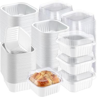 Imagem de Gandeer Pacote com 200 mini formas de bolo de 142 g com tampas, mini latas de alumínio para assar, copos quadrados descartáveis para cupcake recipientes de sobremesa para Natal, casamento, aniversário