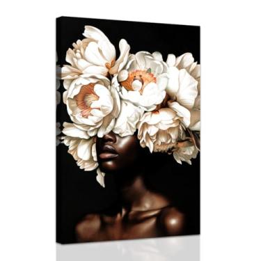 Imagem de ZXHYWYM Arte de parede afro-americana pintura branca flor flor na cabeça de mulheres negras impressões em tela imagens de retrato de menina africana emoldurada moderna decoração de casa (30,5 cm x