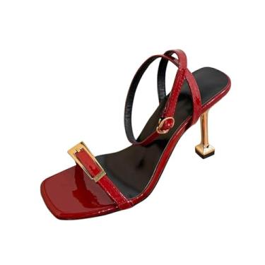 Imagem de Sandálias femininas de salto alto com tiras e fecho de fivela aberta com tamanhos até 39, Vermelho, 34