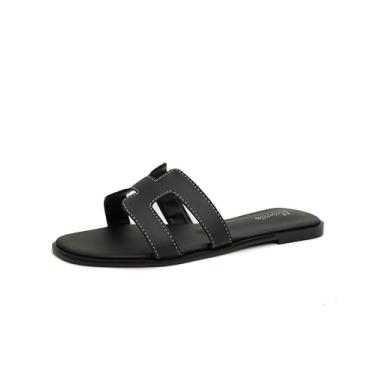 Imagem de MARAVENO Sandálias femininas com design H, couro sintético, sandálias rasteiras de verão sem cadarço, Preto, 35