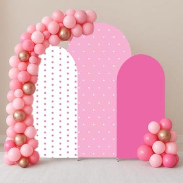 Imagem de 3 peças de capas de pano de fundo de arco de bolinhas para chá de bebê, elastano elástico para meninas, festa de aniversário rosa, decorações de cerimônias (rosa, conjunto de 3 (1,5 m 1,8 m 1,8 m))