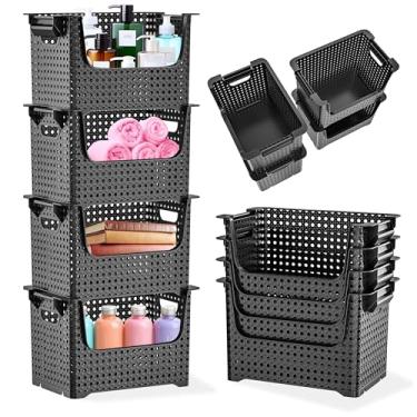 Imagem de Skywin caixas de armazenamento empilháveis ​​de plástico para despensa - caixas empilháveis ​​pretas de 4 unidades para organizar alimentos, cozinha e itens essenciais de banheiro (círculo c