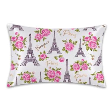 Imagem de Fronha de cetim 1 pacote - Torre Eiffel Paris rosas rosas flores seda capa de almofada para cabelo e pele, Queen Size 50 x 76 cm macio refrescante impresso fronhas com zíper oculto, presentes para