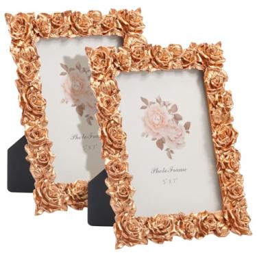 Imagem de UKQRRTC 2 porta-retratos vintage de 12,7 x 18 cm, moldura de resina feita à mão, aparência elegante, exibição de fotos para mesa e parede, decoração de casa, arte, casamento (ouro rosa)