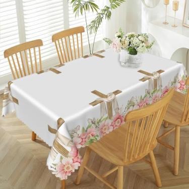 Imagem de TTQYFNM Toalha de mesa He is Risen de 152 x 213 cm, cruz, cristã, rosa, floral, bordada, toalha de mesa de tecido à prova de derramamento e à prova de óleo, para casa, cozinha, sala de jantar