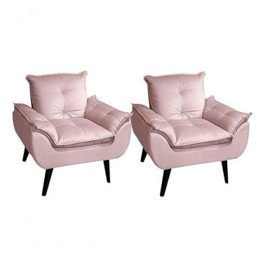 Imagem de Kit 02 Poltrona Cadeira Decorativa Glamour Com Pés Quadrado Rosa Veludo