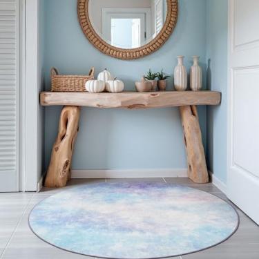 Imagem de jinchan Tapete redondo de 1,2 m sonhador abstrato lavável bonito tapete de entrada antiderrapante elegante celestial azul círculo tapete macio de baixa pilha artística efeito nuvem tapete para