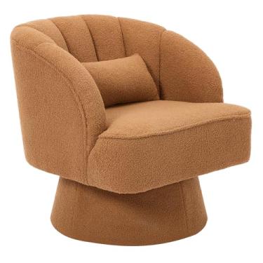Imagem de Takywep Cadeira moderna giratória com detalhes em barril – Rotação de 360°, poltrona redonda confortável para sala de estar, quarto, escritório, recanto de leitura – veludo de pelúcia | Marrom
