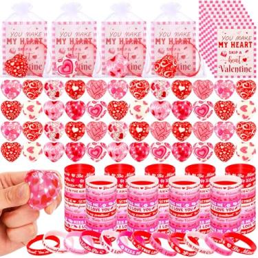 Imagem de Skylety 48 Sets Valentine's Day Heart Stress Ball and Rubber Bracelets with Card Set, Mini Heart Shaped Stress Relief Fidget Silicone Wristbands for Valentine Party Favors Exchange Gifts
