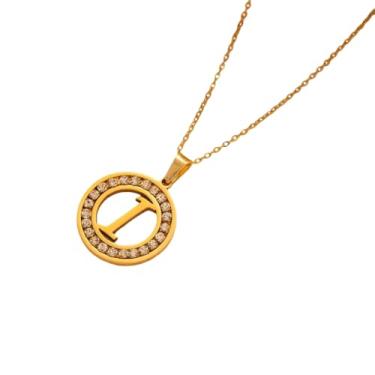 Imagem de TINCOLIA Colar redondo de aço inoxidável com 26 letras incrustadas em diamante, corrente simples e exclusiva em forma de O