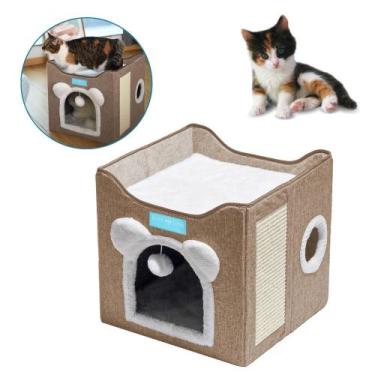 Imagem de Cama para Gatos com 2 Andares Dobrável Casinha Com Arranhador Pet Toca