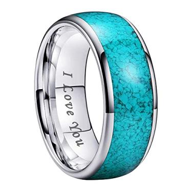 Imagem de TUTISS Anéis de tungstênio prata preto e ouro rosa de 8 mm para homens e mulheres, alianças de noivado e casamento, turquesa esmagada, incrustada com cúpula, eu te amo gravada, ajuste confortável,