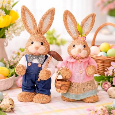 Imagem de Casal Coelho Coelhinho Decoração Enfeite Páscoa Palha 45cm