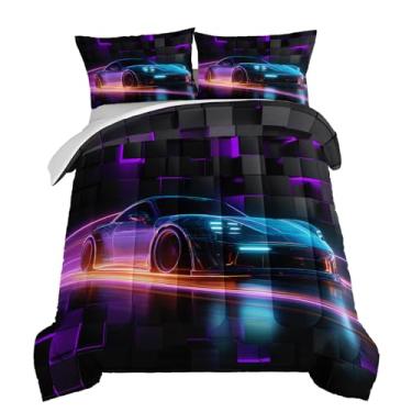 Imagem de HOSIMA Jogo de cama casal de carro de corrida, estampa geométrica, para esportes radicais, para crianças, homens, decoração de quarto, edredom leve e fofo com 2 fronhas.