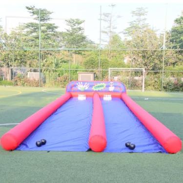 Imagem de Vinfgoes Grande jogo de carnaval inflável pista de boliche boliche 2 pistas conjunto de boliche inflável bola de boliche e pinos com soprador e 2 conjuntos de bolas para festas, eventos