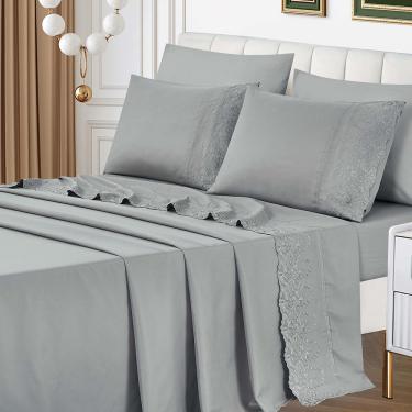 Imagem de Jogo de Lençol Lummi Casal 4 Peças Percal 300 Fios Bordado Inglês Macio - Cinza - 100% Poliéster