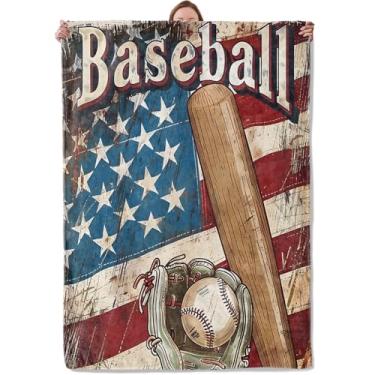 Imagem de Cobertor com tema de beisebol e bandeira americana, presentes para mulheres e meninas, cobertores macios e quentes de flanela para sala de estar, casa, sofá, decoração de viagem, 127 x 152 cm