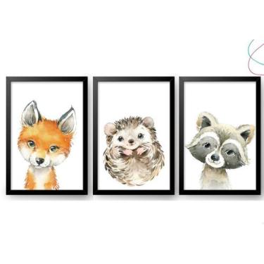 Imagem de 3 Quadros Decorativos Animais do Bosque Raposa Aquarela - Creative Cat