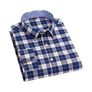 Imagem de Camisa Casual De Negócios Masculina 100% Algodão Oxford Xadrez De Mang
