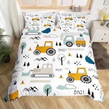Imagem de Feelyou Conjunto de cama infantil de carro de desenho animado conjunto de capa de edredom conjunto de capa de edredom para meninos equipamentos de decoração de caminhões conjunto de capa de edredom escavadeira trator branco amarelo capa de colcha para quarto capa de colcha 2 peças solteiro