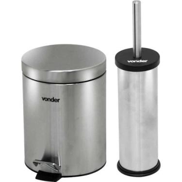 Imagem de Lixeira Redonda, 5 Litros, Inox, Cinza, com Escova Sanitária, Vonder O