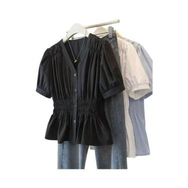 Imagem de Camisa Blusa Feminina plus Size Com Decote Em V E Manga Curta, Cintura