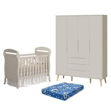 Imagem de Berço Americano Danny Com Colchão Ortobom E Guarda Roupa 4 Portas Elfe Retrô Areia Acetinado Natural - Reller